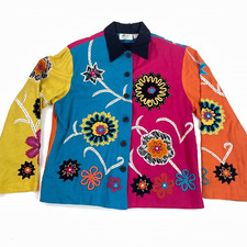 Vintage Floral Jacket Womens Xl Colorblock Lightweight Embroidered Earth Sea Sky