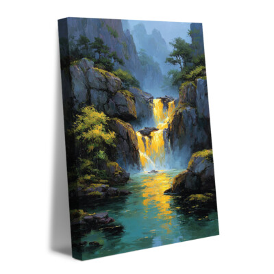 Golden Waterfall Canvas Wall Art Prints,Posters,Artwork Decor,Mountain Landscape