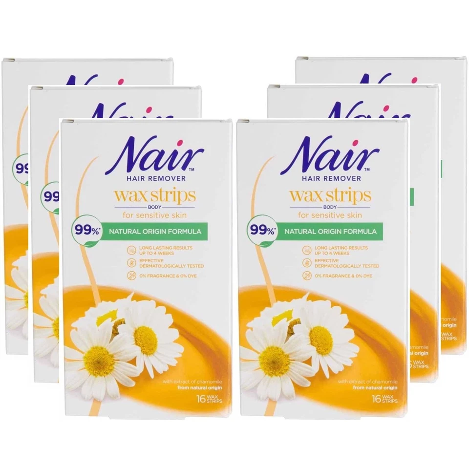 6 x 16 Nair BODY WAX STRIPS Hair Remover For Legs & Body with Camomile Extract