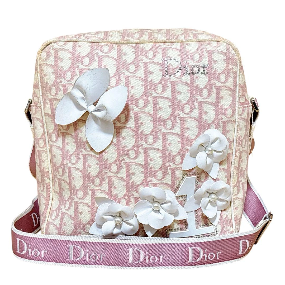 Sac bandoulière trotteur Christian Dior beige rose BOL1013 N°1 fleur floral occasion