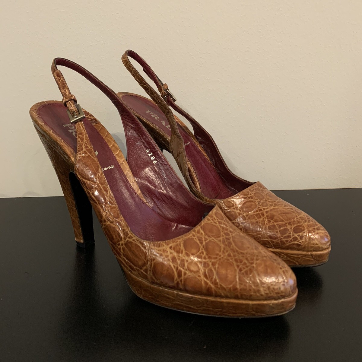 Prada Crocodile Sling Back Buckle Platform Pump Brown Size 39.5 | eBay