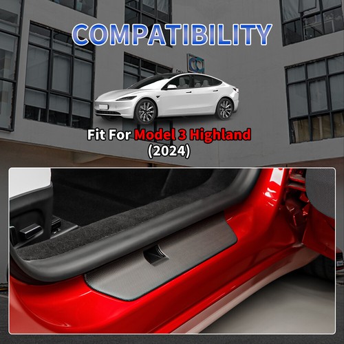 4pcs Matte Carbon Fiber Door Sill Trim Cover For Tesla Model 3 Highland 2024+ - Picture 6 of 8