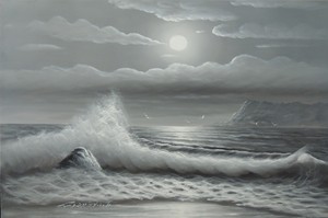 Moonlight-Seascape-Black-amp-White-Beach-Waves-Surf-24X36-Oil-Painting-Stretched