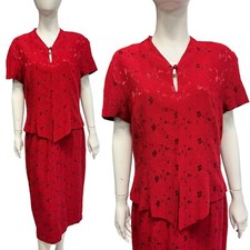 Vintage 80's 90's Robe Rouge Style Chinois Midi 14-16 Soirée / Cocktail Qipao