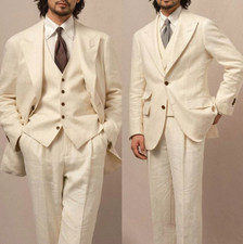Beige Linen Men's Suits Summer Peak Lapel Formal Business Wedding Groom Tuxedo