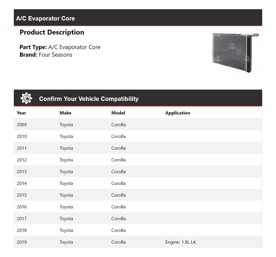 Núcleo evaporador aire acondicionado Toyota Corolla 2009-2019 4 estaciones 2010 2011 2012 2013 Foto 2 de 4