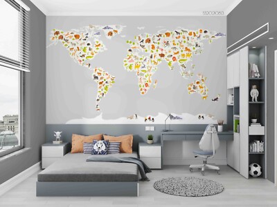 3D World Map Animal Wall Murals Wallpaper Murals Wall Sticker