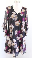 Calvin Klein Black Chiffon Floral Print Ruffle Bell Sleeve Shift Dress V Neck 4