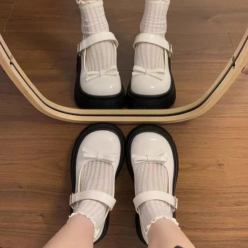 Womens Patent Leather Chunky Heel Mary Janes Buckle Bow Cute Jk Uniform Shoes - Image 4 of 4