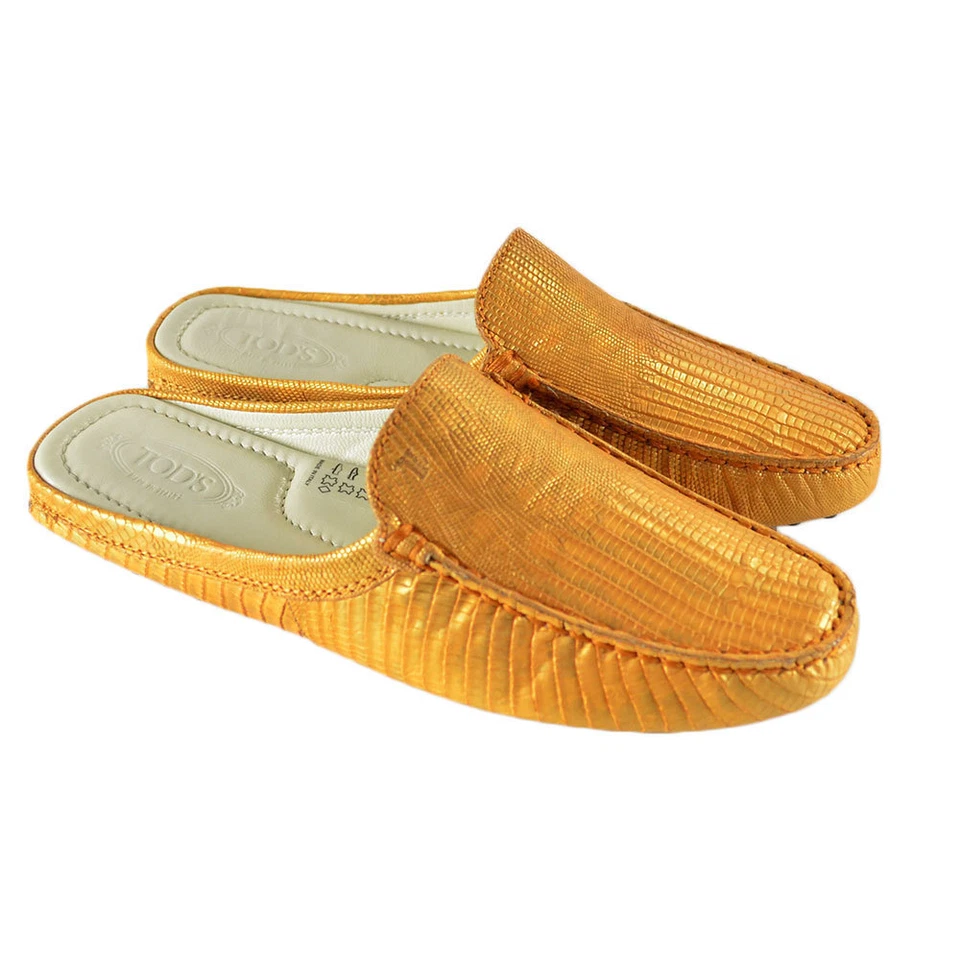 NIB Tod's Women's Luxor Croc Leather Backless Loafers Gold size 6