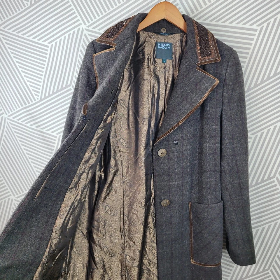 Abrigo largo de lana con cinturón Hilary Radley talla 10 cuello con cuentas a cuadros noche Royalcore  Foto 4 de 4