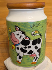 Dunoon Jane Brookshaw Funky Farm Sheep Cow Hen Storage Jar Wooden Lid Cannister