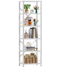 White Tall Bookshelf, Narrow Bookcase with 6 Shelves, Modern Freestanding She...