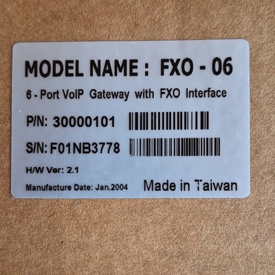 Welltech FXO-06 6-Port Desktop VoIP Gateway MPN 30000101 H/W Ver 2.1 Jan 2004