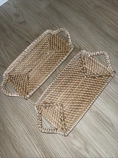 Set Of 2 Natural Seagrass Hand Woven White Cording Basket/Tray 14"L X 8"Wx1.5"D