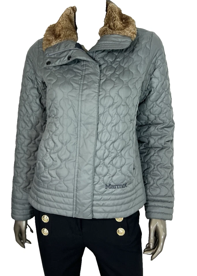 Marmot St. Moritz Quilted Jacket Womens Medium Gray Faux Fur Collar - Image 3 of 4