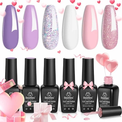 BEETLES GEL POLISH Beetles 6 Colors Gel Nail Polish Kit, Romantic Garden Pink Purple Glitter Gel