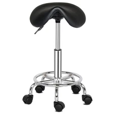 Comfortable Saddle Style Bar Stool Black PU Leather Swivel with 5 Wheels
