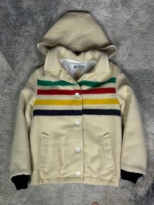 Vintage Hudson Bay Wool Hoodie Jacket Ladies Small White Stripped