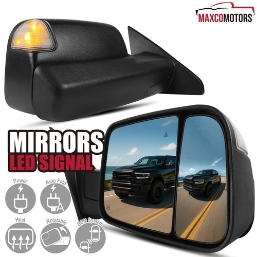 Tow Mirrors Fit 2019-2024 Ram 1500 Power Fold+Heated+LED Signal+Puddle Light+BSM