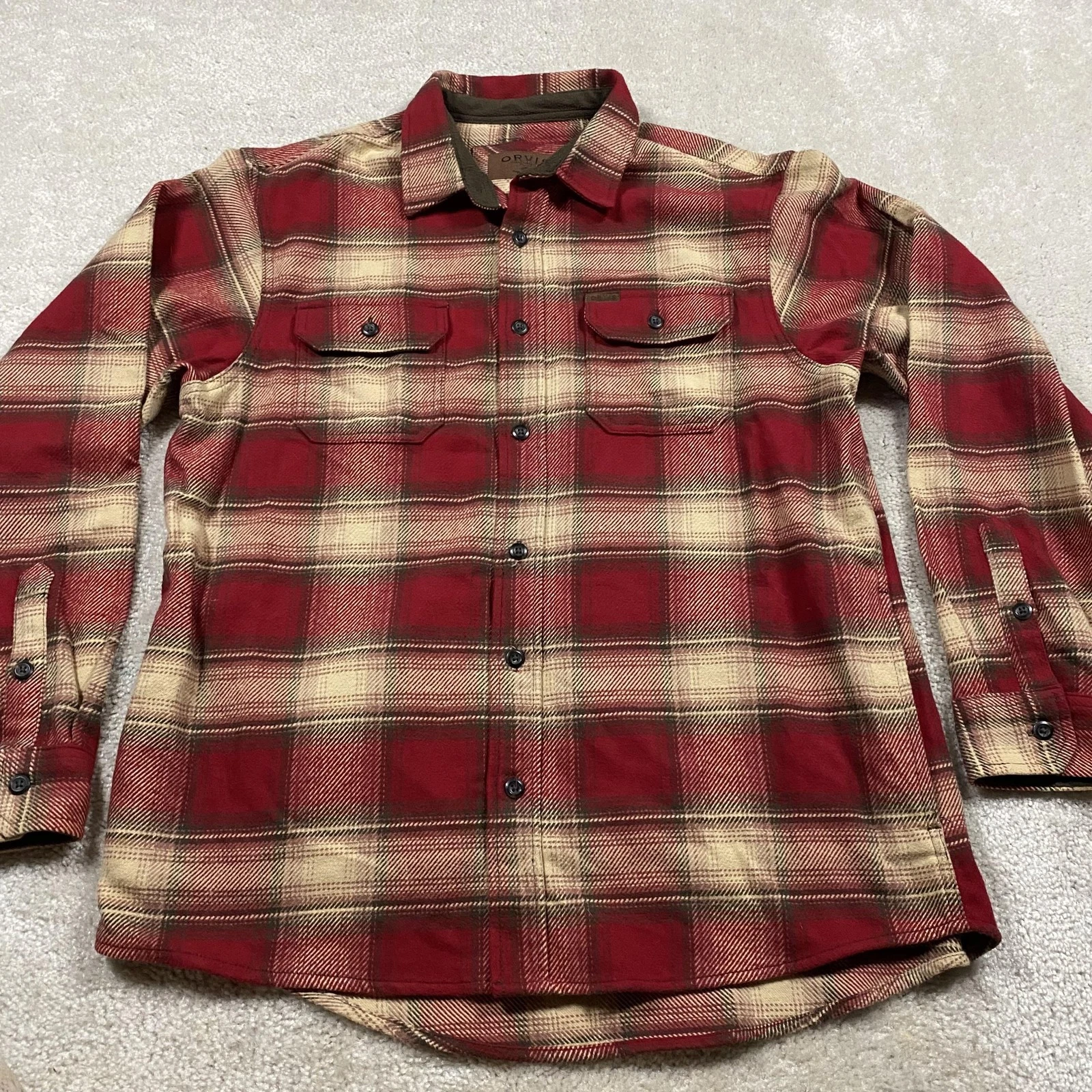 Orvis Shirt Jacket Mens L Red Plaid Flannel Quilted Lined Button Front Outdoor