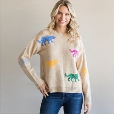  Jodifl Animal Print Jungle Cat Multi Colorful Knit Long Sleeve Crew Sweater M.