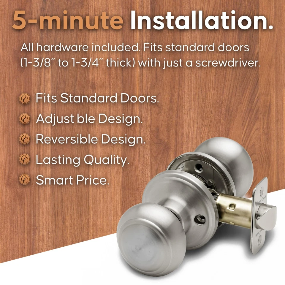 Perillas de puerta de acero inoxidable satinado - Perilla colonial redonda, paquete de 6, pasaje interior Ha... Foto 3 de 4