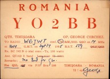 QSL radio card YO2BB 1965 Timisoara Romania USSR George Cerchez Large Letters
