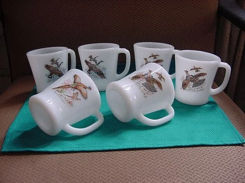 6 Vintage Fire King Oven Ware D-Handle Game Bird Mugs Lot of Milk Glass Cups NEW