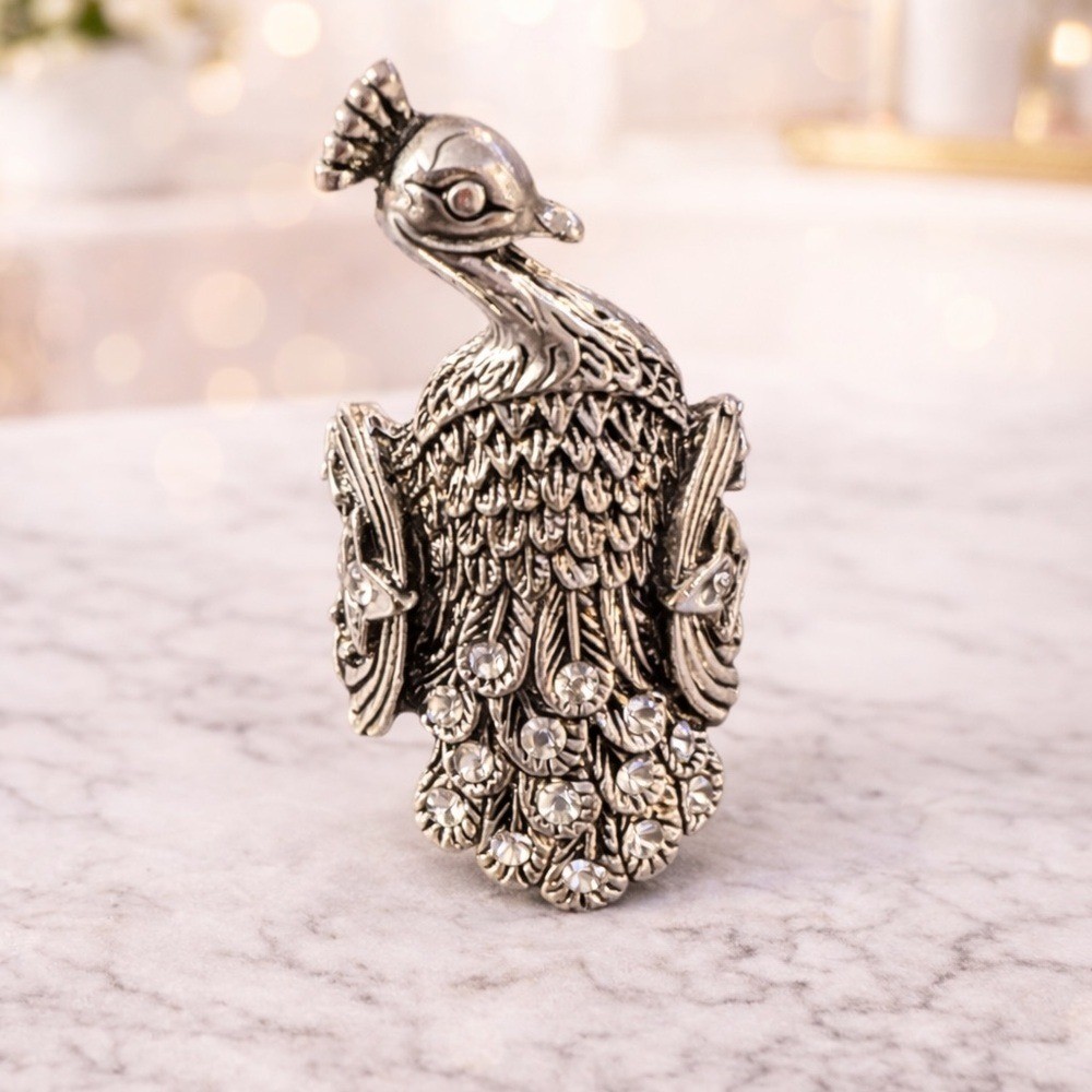 Peacock Statement Ring Silver Tone Rhinestone Bir… - image 6