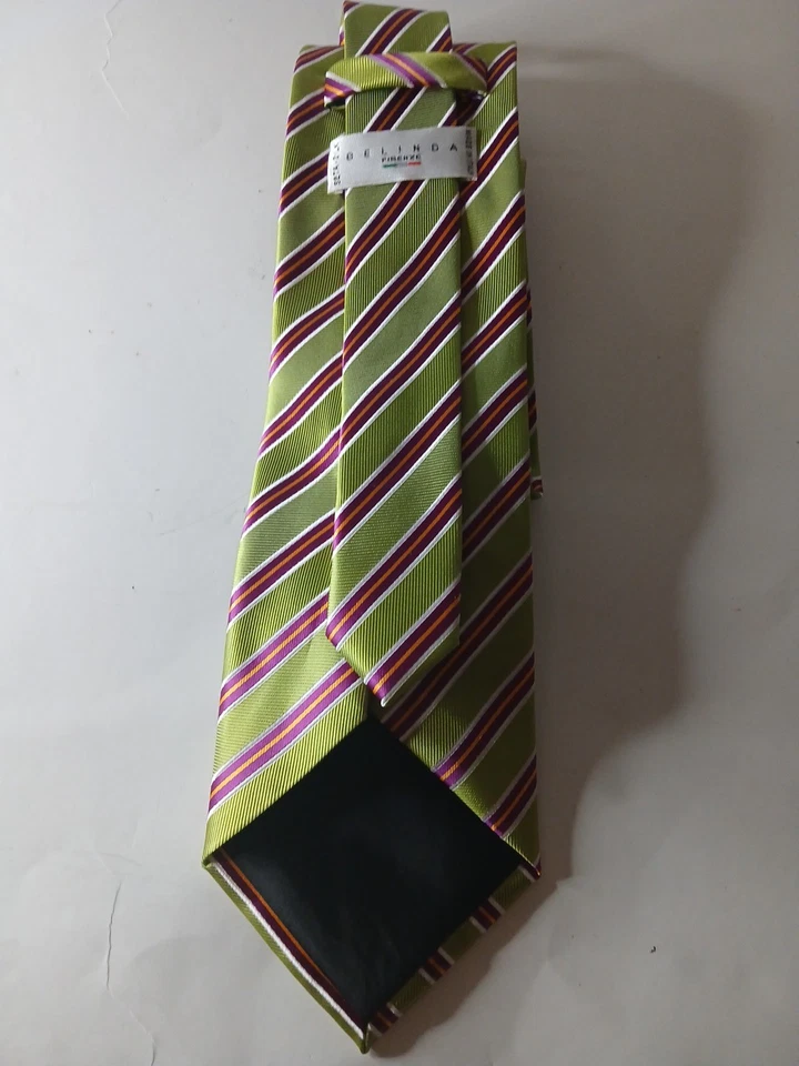 BELINDA FIRENZE MEN'S TIE 100%  SILK LIME GREEN STRIPED *MADE IN ITALY CLASSIC - Image 4 of 4