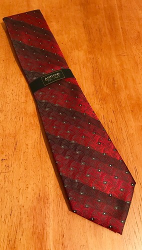 Arrow Men's Neck Tie Red Black stripe white Dot necktie - New - Picture 2 of 2