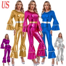 Womens Disco Jumpsuits Halloween Costumes Tiered Flare Sleeve Bell Bottoms
