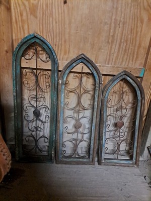 Set Of 3 Distressed Arched Wood Metal Gothic Window Frames Outdoor Home Decor