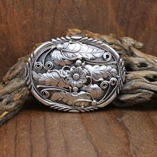 Oval Sterling Silver Ornate Floral Design Belt Buckle