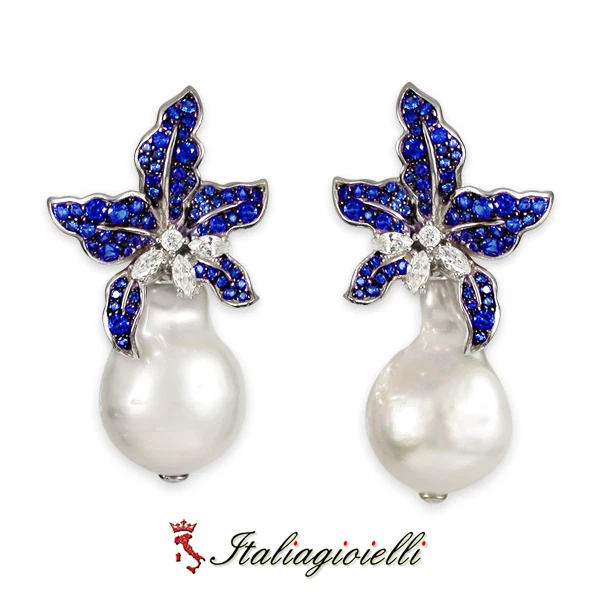 Sensuali Orecchini Zaffiro in Argento 925 Rodiato Oro Bianco con Perle di Fiume - Immagine 4 di 4