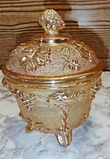 Jeannette Candy Dish With Lid Grape Vine Orange Marigold Stippled 1950s - 60s
