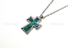 Western Big Cross Pendant Necklace Chain Beads Rhinestone Turquoise Brown Red 