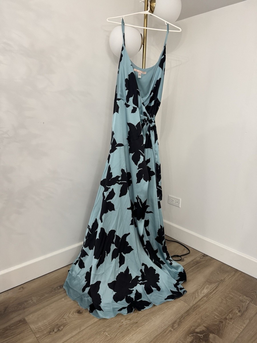 Anthropologie Blue/Black Floral Maxi Wrap Dress XL Sleeveless Strappy V-Neck Anthropologie Blue/Black Floral Maxi Wrap Dress XL Sleeveless Strappy V-Neck