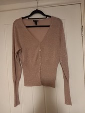 H & M Very Cute Pink Silk Metallic Lurex Fitted  Cardigan Ribbed Detail Size M