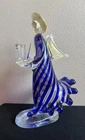 Vtg Murano Hand Blown Art Glass Angel Sculpture Candle Holder Blue w/Gold Flakes