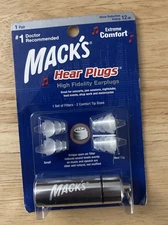 Mack's Hear Plugs, High Fidelity Ear Plugs. Includes Keychain Travel Case. New!