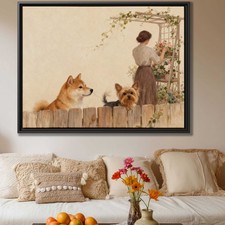 Floral Dog Canvas Print Shiba Inu Wall Art Vintage Pet Artwork Garden Decor