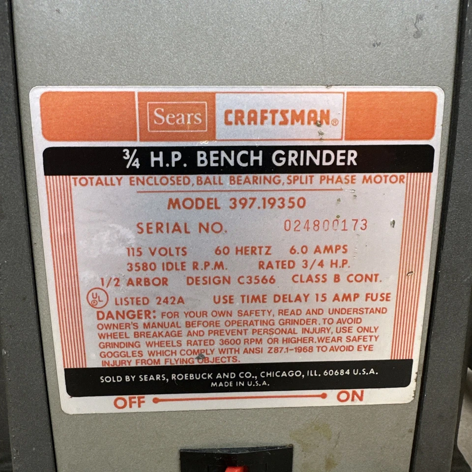 Amoladora de banco vintage SearsCraftsman 3/4 HP 1/2 eje 115v 60Hz 6 amperios 397.19350 Foto 2 de 4