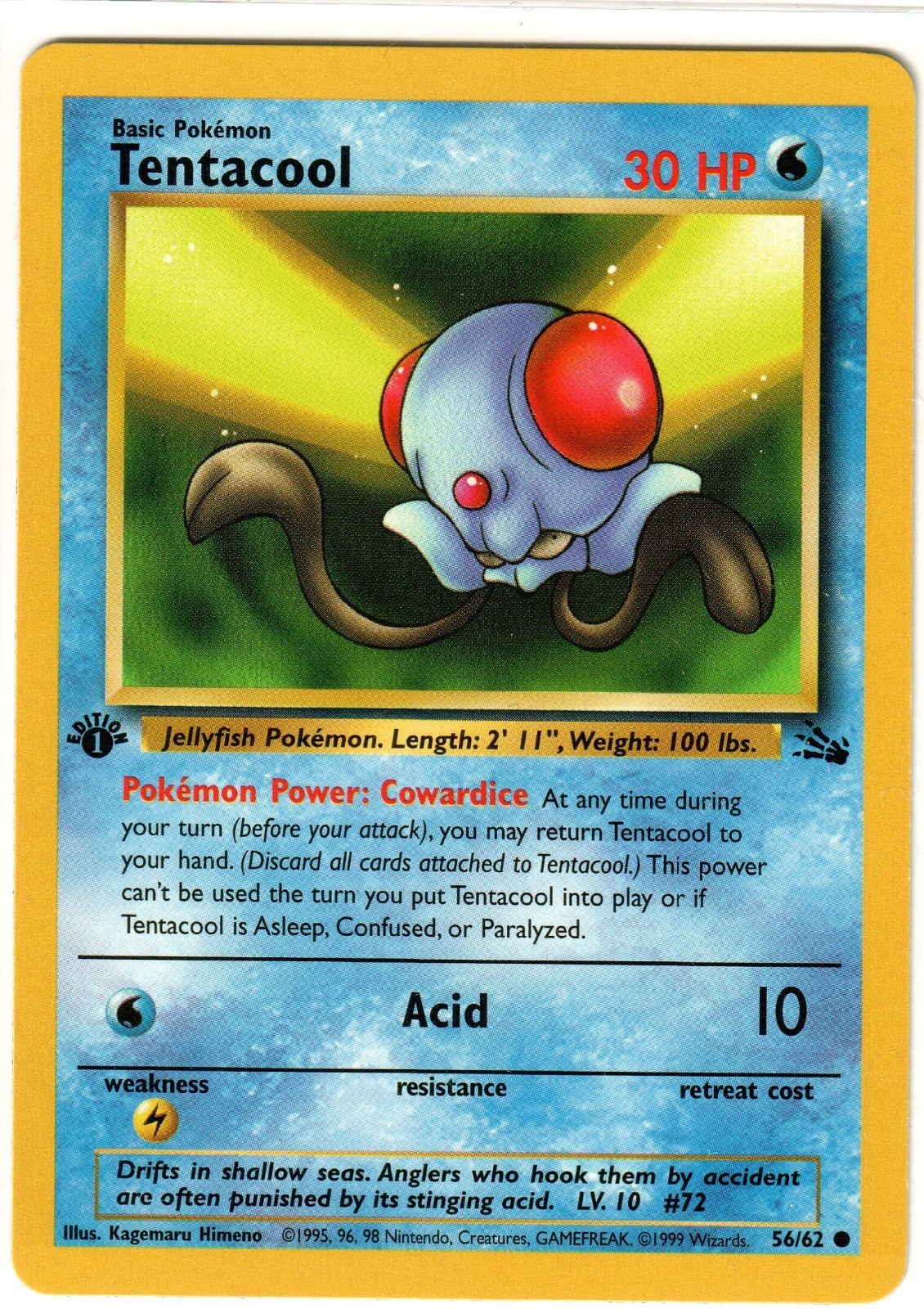 TENTACOOL 1st Edition Fossil 56/62 Vintage English Pokemon Card 1999 WOTC NM
