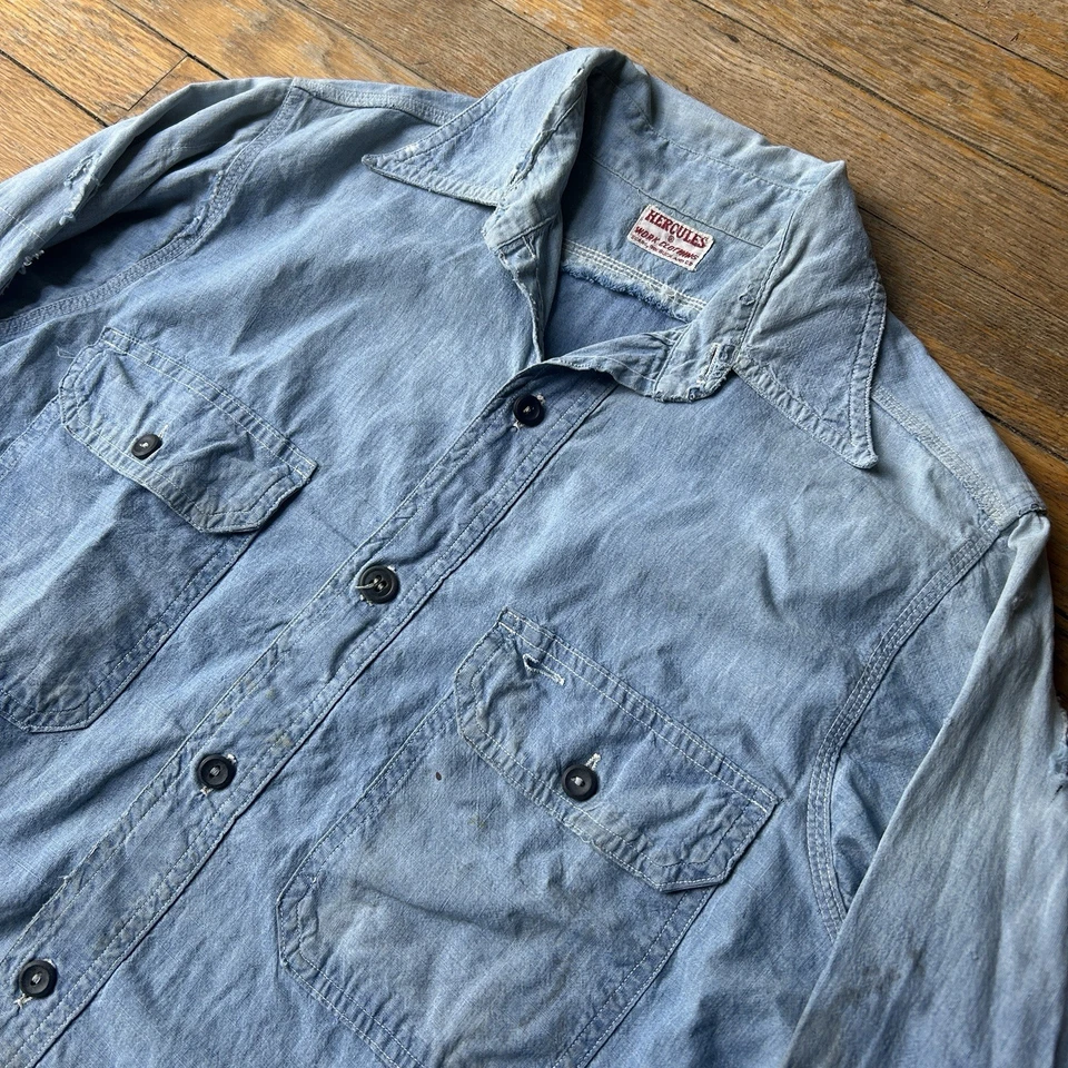 Camisa Hércules Chambray Vintage 1930’s 40’s Manga Larga Envejecida Reparada M/L Foto 2 de 4