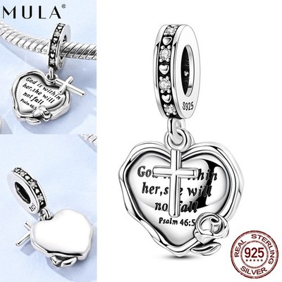 MULA 925 Sterling Silver DIY Charm AAA CZ Bible Heart Pendant for Women Bracelet