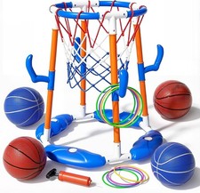 2 in 1 Floating Pool Basketball Hoop Ring Toss Set,with 4 Balls,12 Rings Pump