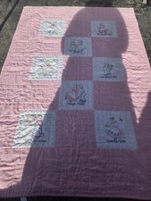 Vtg Hand Stitched Embroidered Nursery Rhymes Toddler Bed Crib Quilt 63x44" EUC