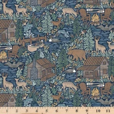 Lakeside Days Navy Scenic Lake Deer Cabin 5732 Cotton Fabric Sale By the half yd